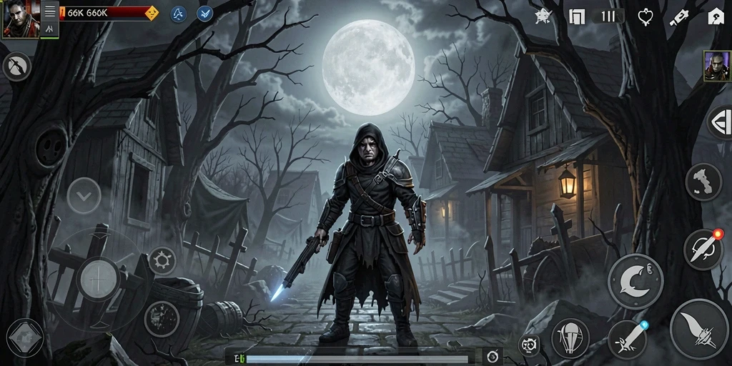 Tangkapan layar dari gameplay <strong>66K</strong> yang menunjukkan atmosfer menakutkan dan menegangkan.