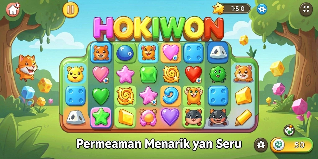 Screenshot HOKIWON menampilkan aksi seru permainan Match-3.