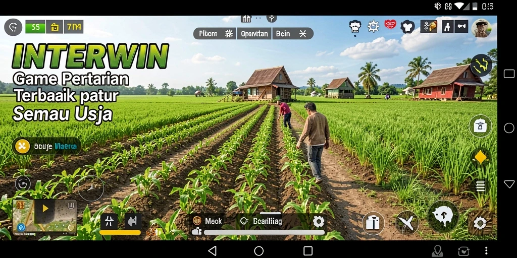 Tampilan gameplay INTERWIN dengan berbagai aktivitas pertanian.