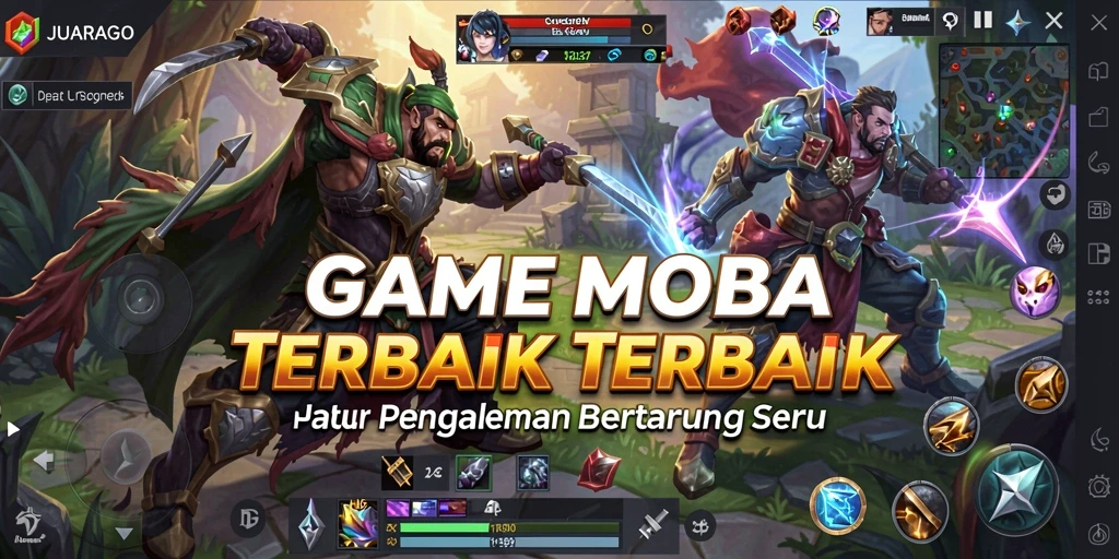 Tampilan gameplay JUARAGO yang mendebarkan dalam pertarungan MOBA.