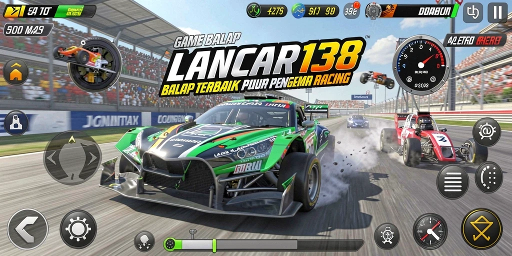Gameplay balap seru dalam LANCAR138 dengan mobil yang melaju cepat.