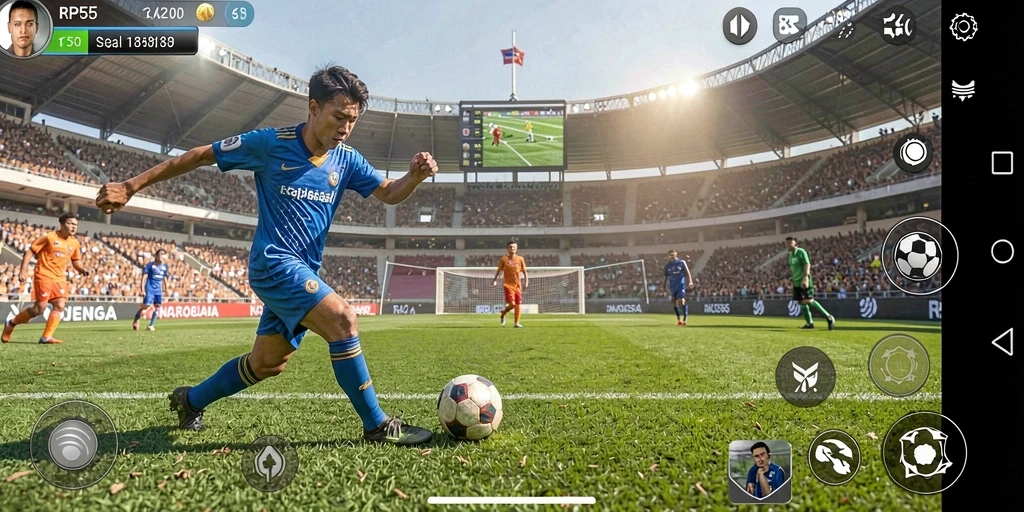 Tampilan gameplay RP55 dengan para pemain di lapangan sepak bola.